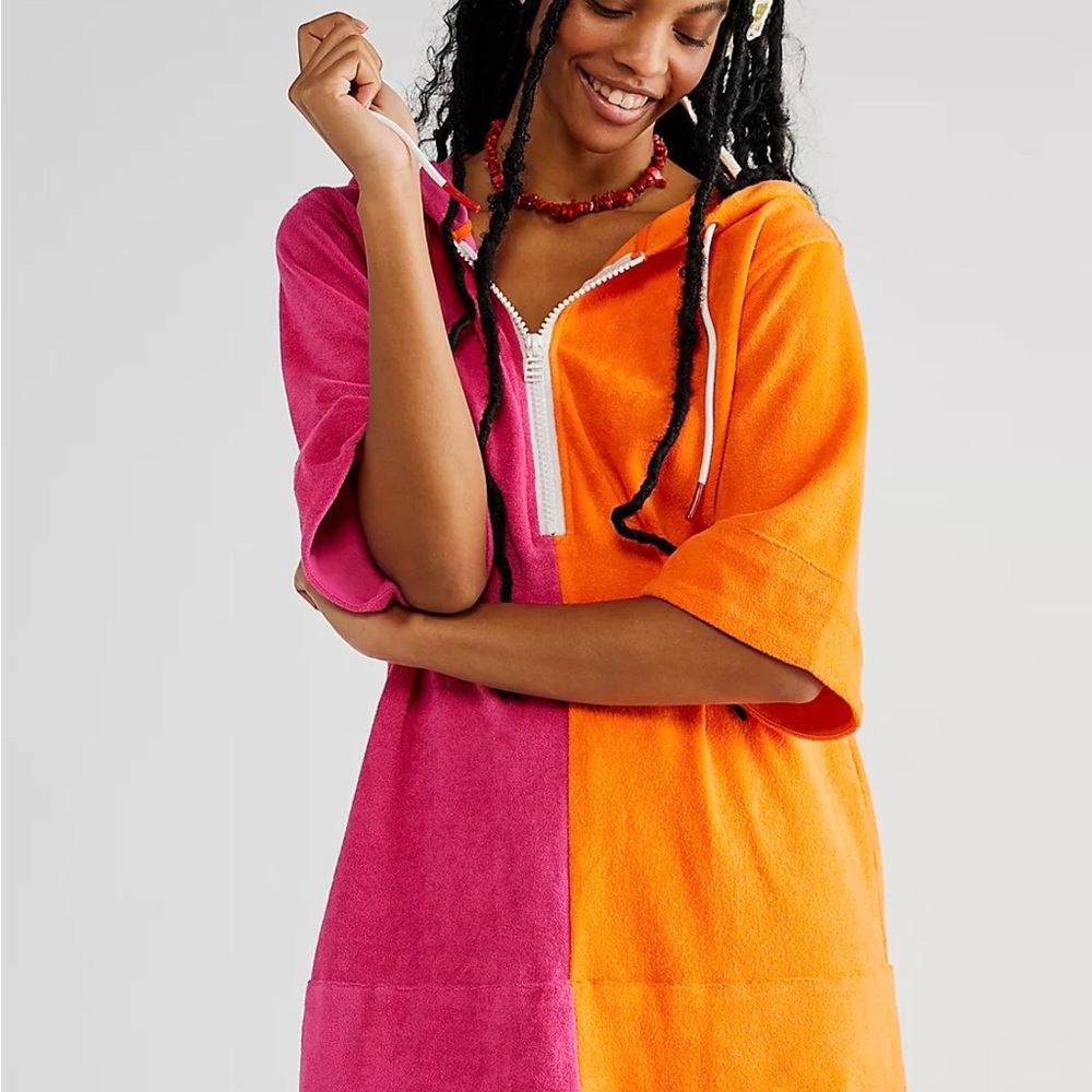 Free people SOLID & STRIPED Pink and Orange Hooded Terry Zip Dress NWT